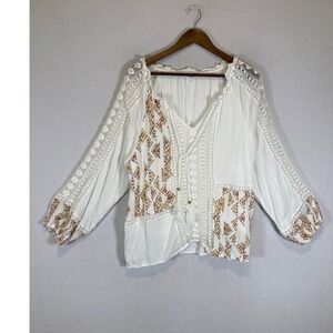 Boho Festival Soleillee Womens XXL White Embroidered Crochet Lace Peasant Top